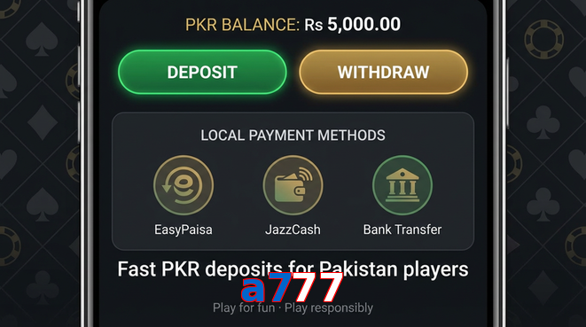Deposit and withdrawal screen with PKR methods